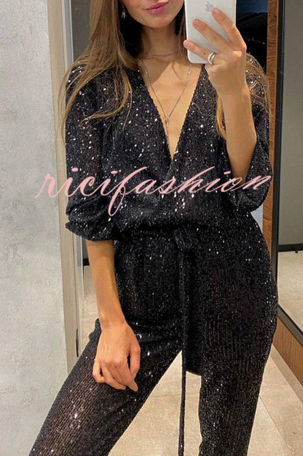 Cheers To You Sequin Long Sleeve Belted Wrap Loose Jumpsuit