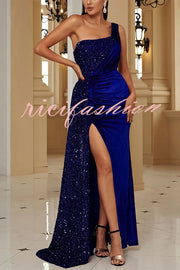 Taylor Sequin Velvet Patchwork One Shoulder Ruched Slit Prom Maxi Dress