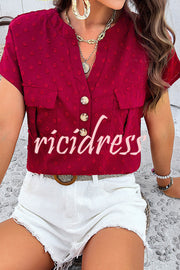 Simple Embroidered V Neck Pocket Button Down Short Sleeved Shirt