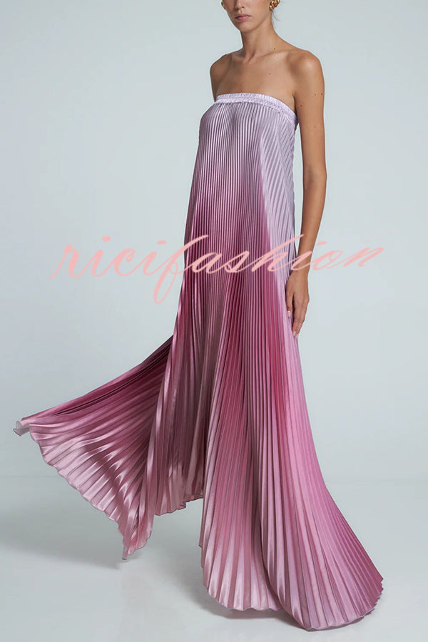 Gorgeous Styling Satin Pleated Elastic Bust Strapless A-line Gown Maxi Dress