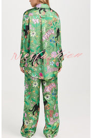 Quiet Jungle Satin Unique Print Long Sleeve Shirt and Elastic Waist Pocket Lounge Pants Set