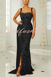 Banquet Sequined Backless Strappy Fishtail Maxi Dress