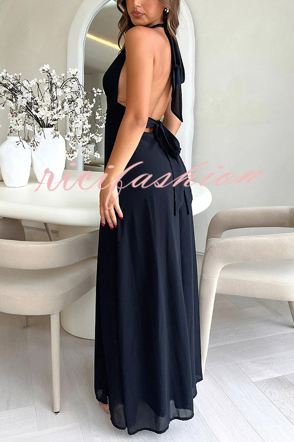 Sexy V-neck Backless Waist Tie High Slit Maxi Dress