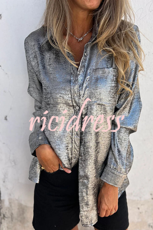 First and Fabulous Metallic Fabric Button Up Long Sleeve Loose Blouse