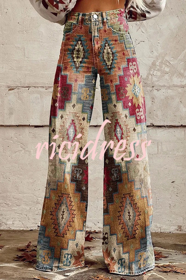 Beautiful Unique Print Button Pocket Wide Leg Pants