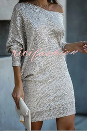 Solid Sequined Off-shoulder Loose Mini Dress