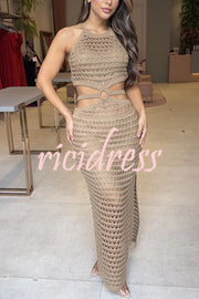 Stunning Gaze Knit Texture Ring Side Waist Cutout Stretch Maxi Dress