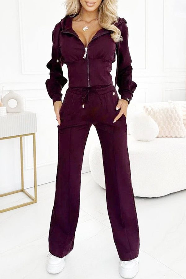 Solid Color Hooded Zip-up Jacket and Elastic Waist Pocket Wide-leg Pants Set