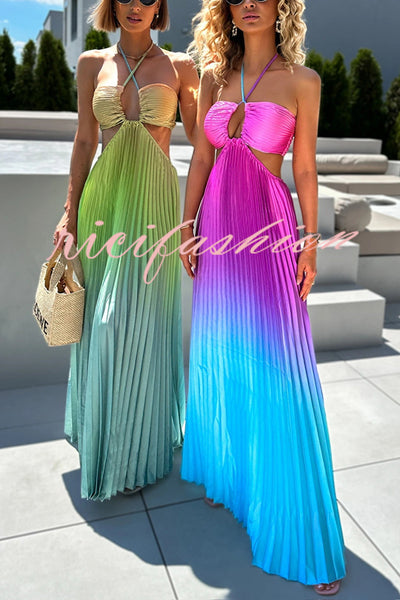 Get Ready Beautiful Gradient Print Cutout Halterneck Pleated Maxi Dress