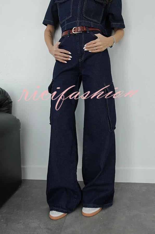 Free Breeze Denim High Rise Pocketed Wide Leg Cargo Jeans