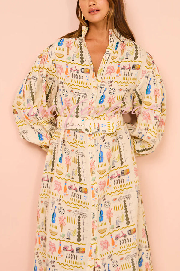 Country Cutie Unique Print Long Sleeve Belted Pocket Shirt Maxi Dress