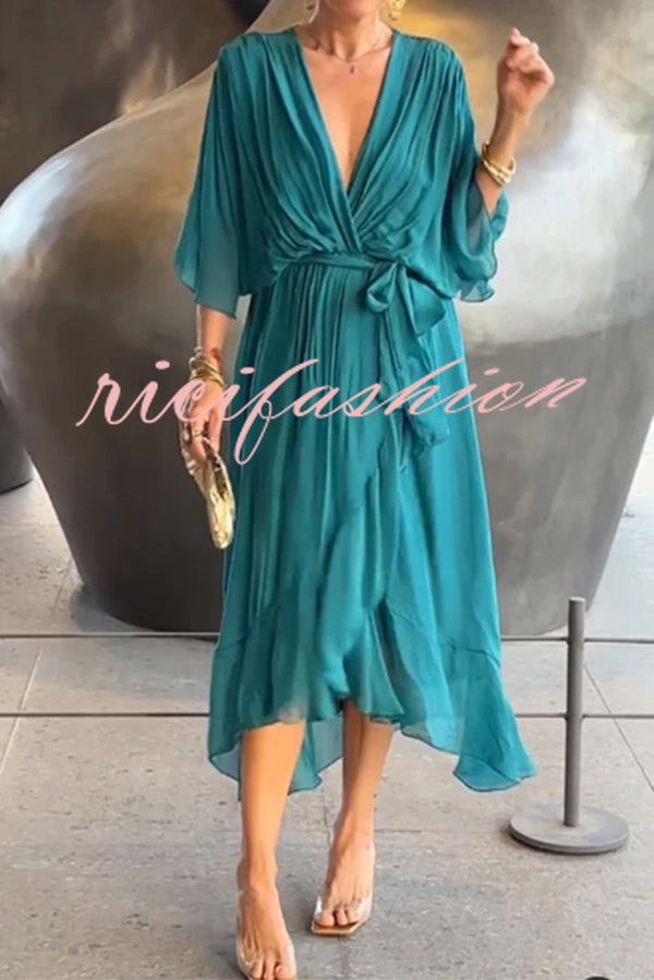 Solid Color V-neck Bat Sleeve Lace-up Irregular Hem Midi Dress