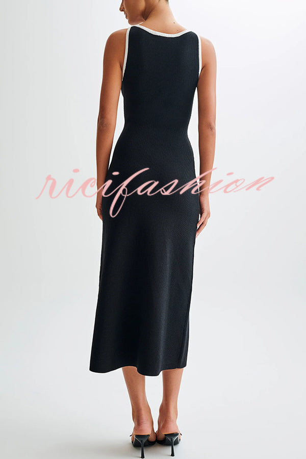 Elegant Slim Fit Crew Neck Buttoned Sleeveless Knit Midi Dress