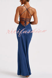 Satin Solid Color Sexy Backless Lace Up High Slit Maxi Dress