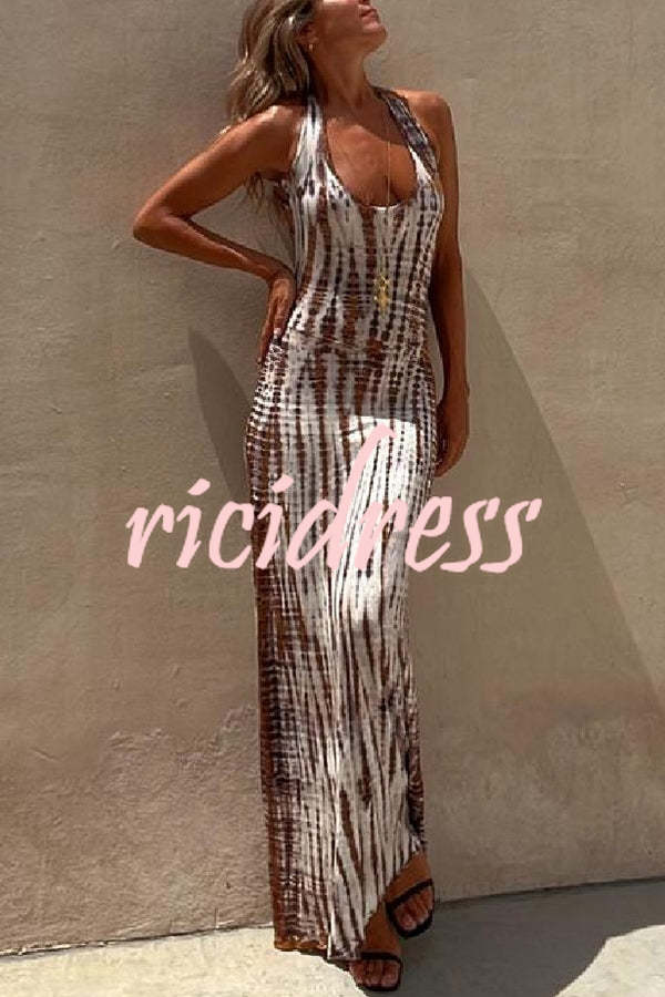 Tie-dye Print Back Lace-up Stretch Maxi Dress