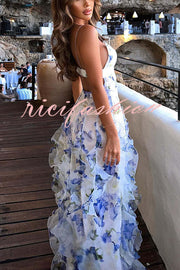 Sunrise Goddess Chiffon Roses Print Ruffles Tiered Trim Maxi Dress