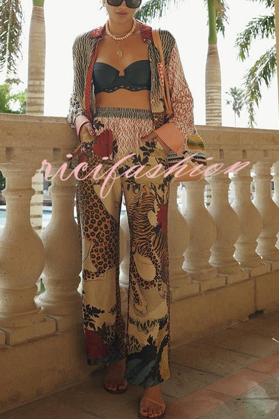 Tropical Jungle Tiger Unique Print Long Sleeve Loose Shirt and Elastic Waist Pants Set