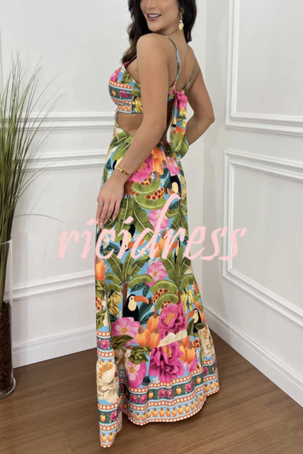 Mexico Style Tropical Print Ring Cutout Lace-up Vacation Maxi Dress