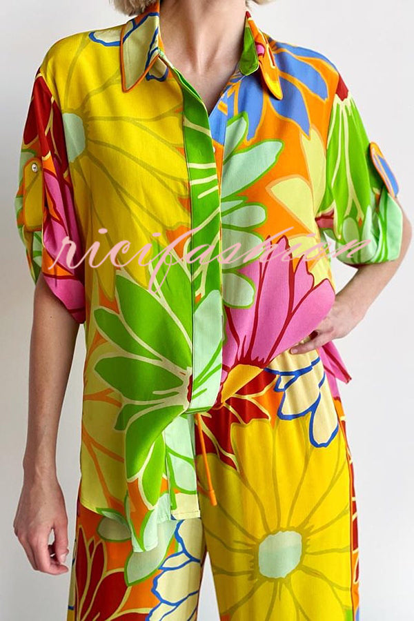 Colorful Flowersl Print Short-sleeved Loose Shirt and Elastic Waist Pocket Pants Set