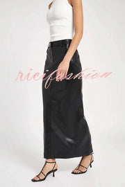 Classic Feel Faux Leather Mid Rise Pocket Slit Stretch Maix Skirt