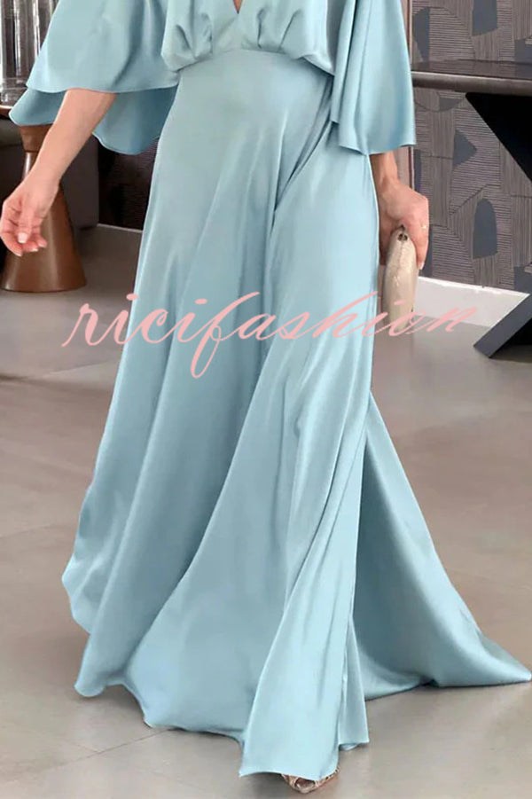 Solid Color V Neck High Waist Slit Casual Maxi Dress