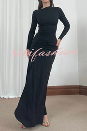 Venus Long Sleeve Ruched Side Slit Drape Ruffles Back Lace-up Stretch Maxi Dress