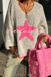 Warm Winter Day Texture Knit Star Pattern Contrast Color Loose Sweater