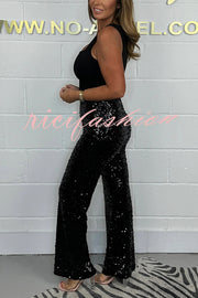 Sparkle Factor Sequin High Rise Elastic Waist Stretch Flare Pants