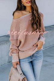 Knitted Striped Round Neck Dolman Sleeve Casual Loose Sweater