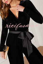 Love One Another Velvet Bow Belted Pocket Cutout Back Loose Jumpsuit