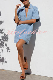 Amalie Light Denim Open Collar Pocketed Shift Style Mini Dress