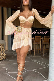 Hollow High Waist Stretch Bikini Swimsuit with Bell Sleeve and Tassle Skirt (3 Pieces)