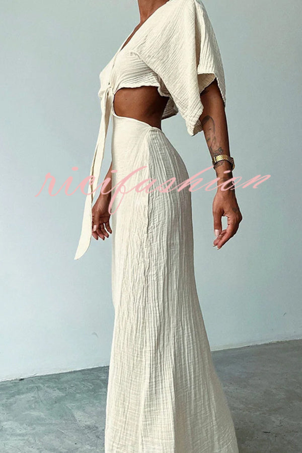 Linen Blend Slim-fitting Lace-up Hollow V-neck Maxi Dress