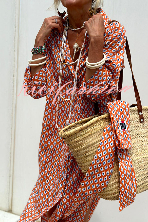 Summer Splendor Printed Button Half Sleeve Belt Loose Shirt Midi Dress