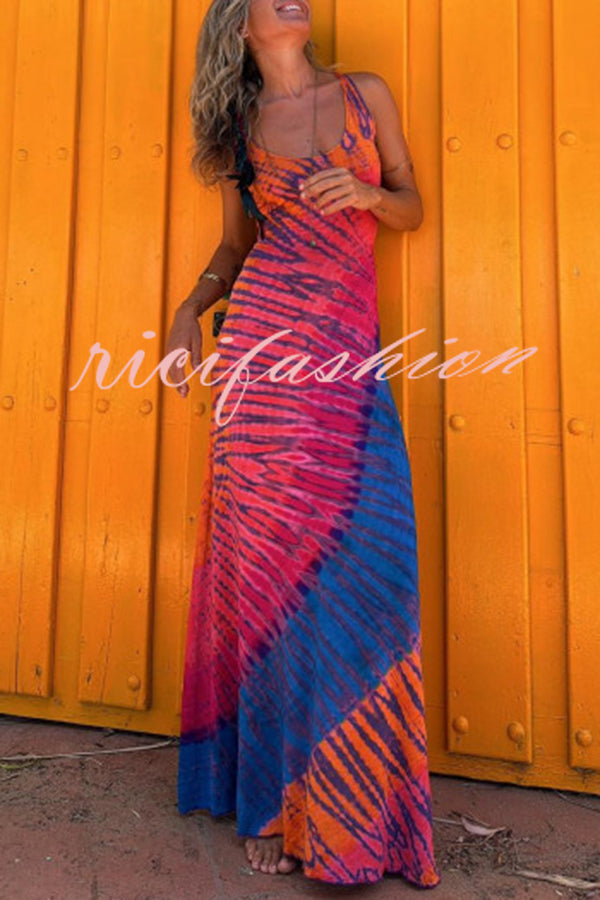 La Bamba Tie-dye Print Back Lace-up Stretch Maxi Dress