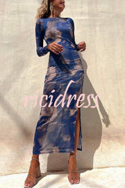 Charm Lady Mesh Overlay Tie Dye Print Long Sleeve Ruched Stretch Midi Dress