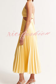 Summer Social Stain Pleated Cutout Waist Loose Midi Dress