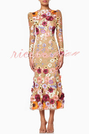 Dignified and Refined Charm Embroidered Floral Applique Long Sleeve Fish Tail Midi Dress