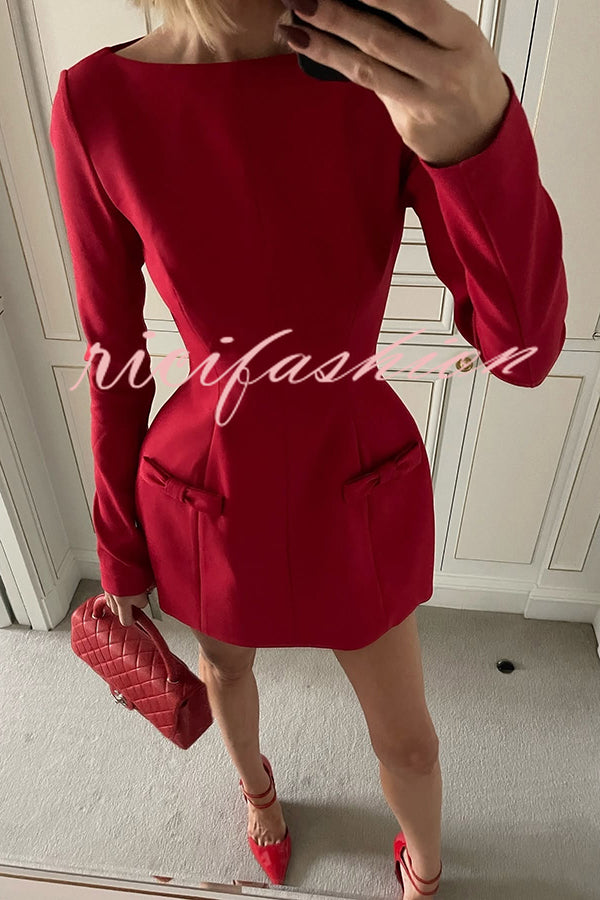 Budding Elegance Bow Detail Boat Neck Long Sleeve Mini Dress