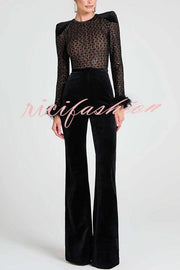 Monique Fish Scale Lace Sequin Velvet Patchwork Feather Trim Belted Stretch Flare Jumpsuit