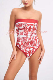 Summer Lovin Unique Royal Print Strapless One Piece Stretch Swimsuit and Pareo