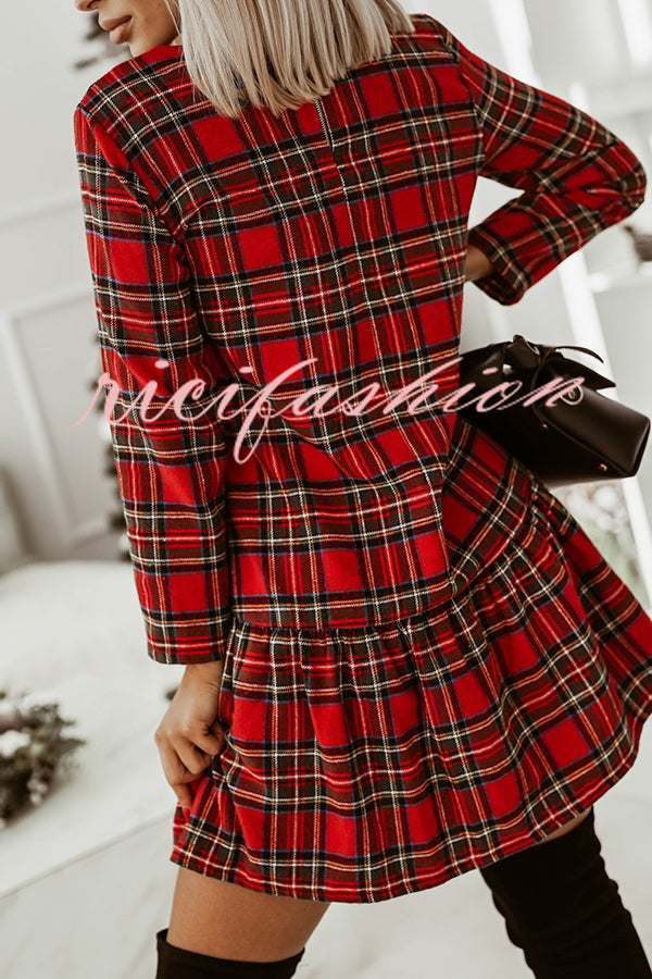 Fashionable Plaid Print Long Sleeve Round Neck Slim Fit Mini Dress