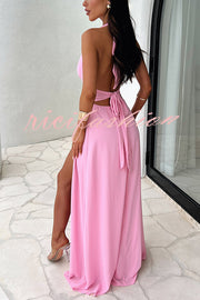 Sexy V-neck Backless Waist Tie High Slit Maxi Dress