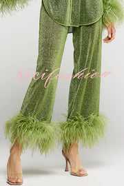 Glitter Fabric Feather Trim Long Sleeve Button Top and Elastic Waist Loose Straight Pants Set