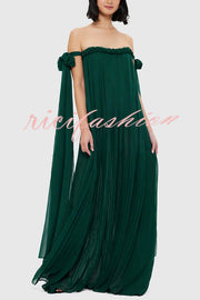 Fairy Spirit Tulle Braided Neckline Tie Arm Straps Pleated Maxi Dress