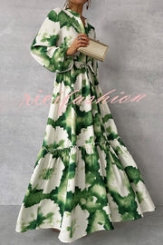 Unique Printed V-neck Long Sleeve Waist Tie-down Maxi Dress