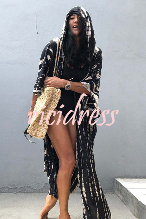 Boho Tie-dye Print Hooded Kimono Cover-up