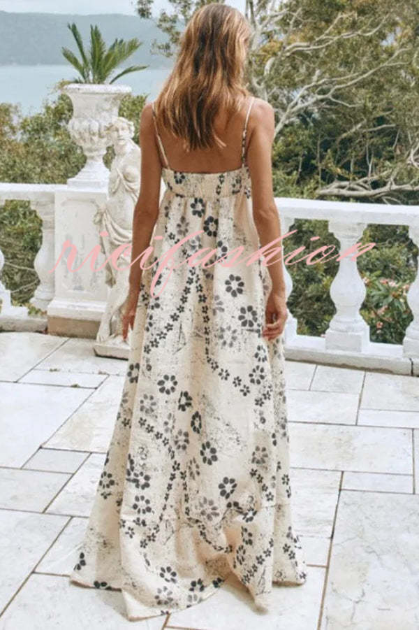 Linen Blend Floral Print Strappy Full-hem Backless Maxi Dress