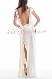 Darling Satin Cowl Neck 3D Rose Detail Backless Slit Drape Maxi Dress