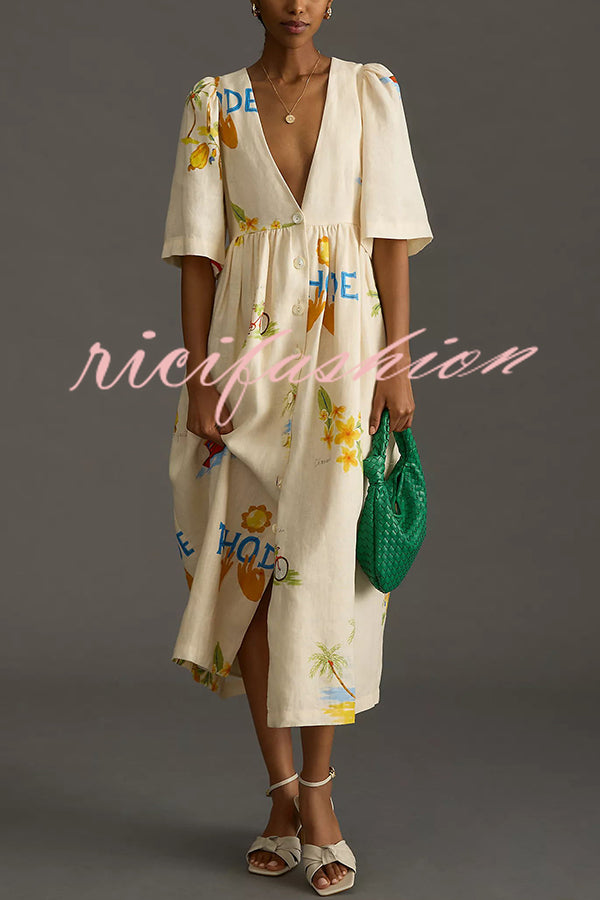 Cozy Summer Linen Blend Unique Print Button Puff Sleeve Loose Midi Dress